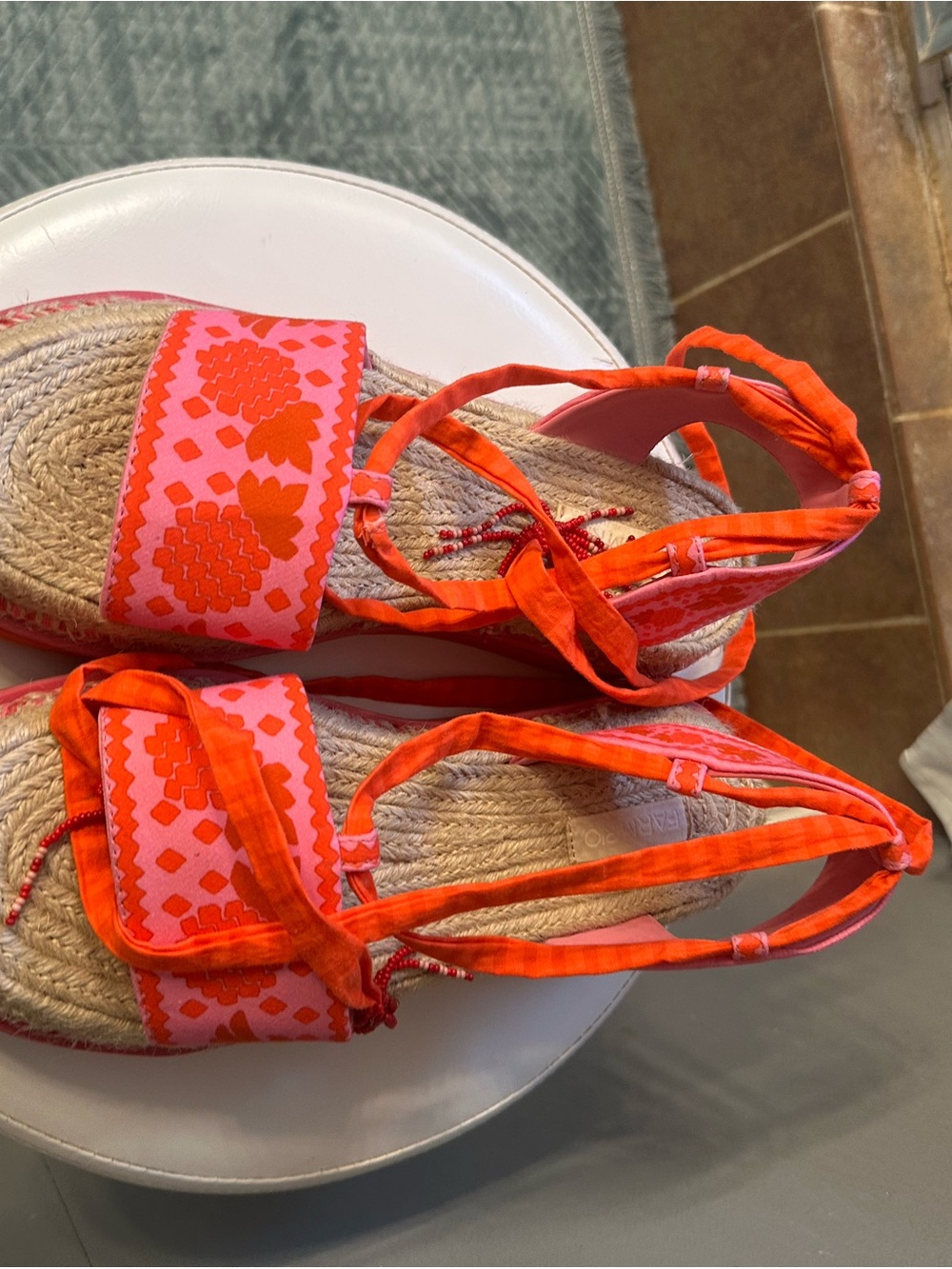 FARM Rio Pink & Orange Espadrille Tie-Strap Sandals
